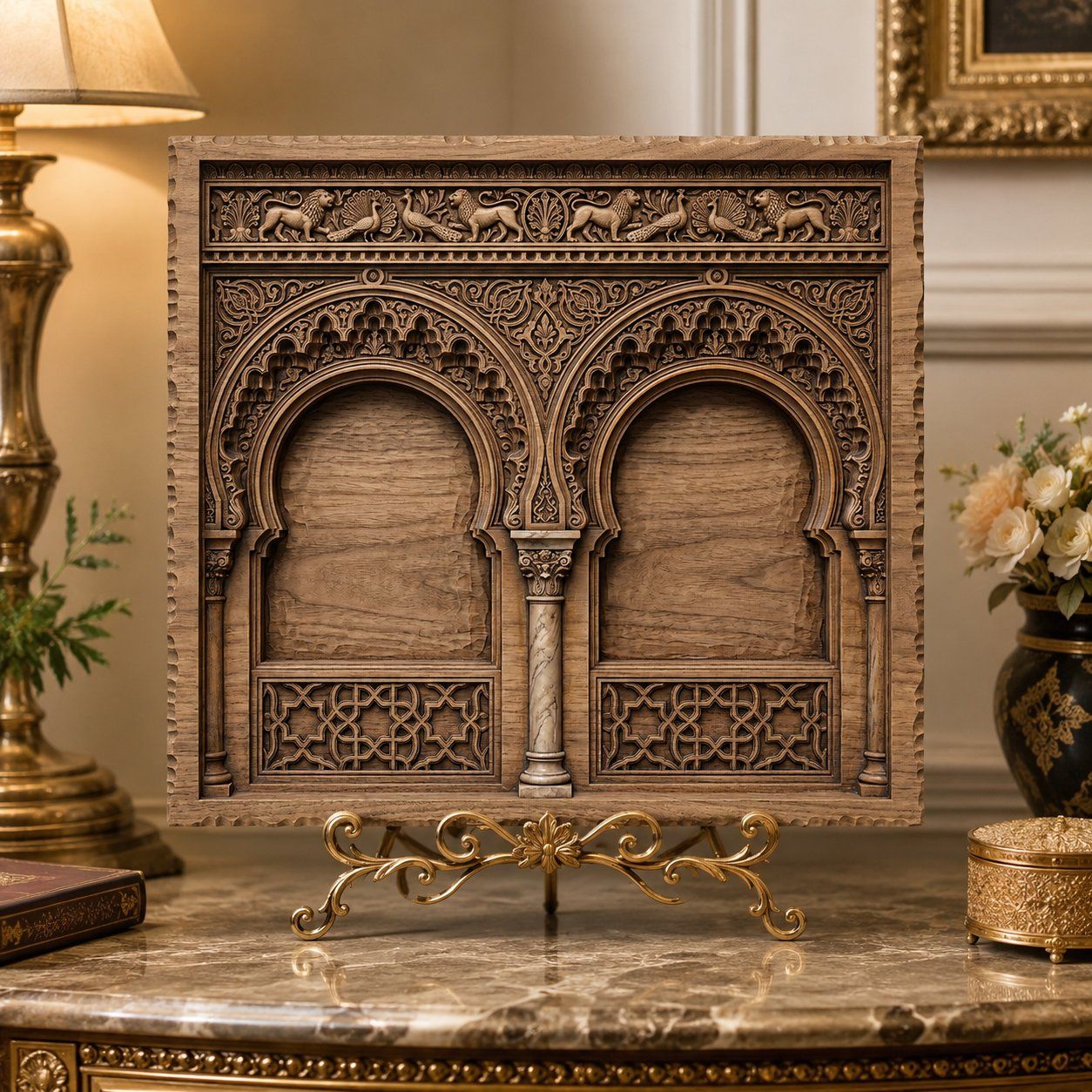 Moorish Alhambra Double Arch Lions and Peacocks CNC Relief STL bas-relief STL — view 7