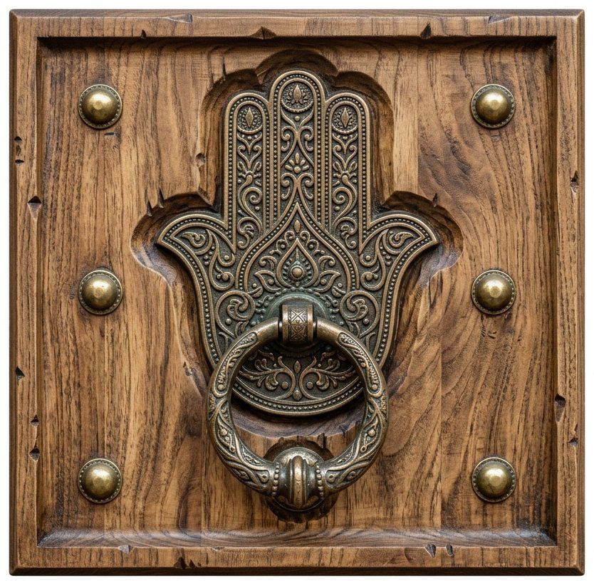 Moorish Khamsa Door Knocker Alhambra Stucco CNC Relief STL | Nasrid Calligraphy Wood Carving | Andalusian Home Decor Art Panel — carved bas relief STL file for CNC