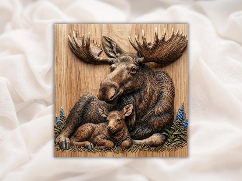 Carved wood relief of a mother moose and calf resting together among bluebonnets and grass.