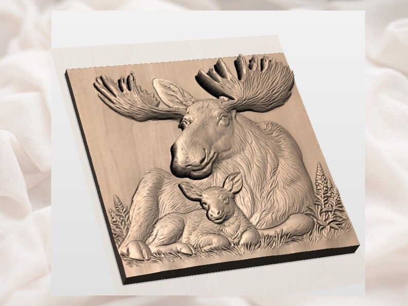 Moose and Calf Resting in Wildflowers Bas-Relief STL bas-relief STL — view 2