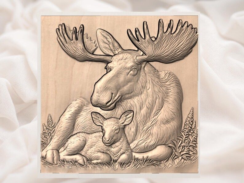 Moose and Calf Resting in Wildflowers Bas-Relief STL bas-relief STL — view 3