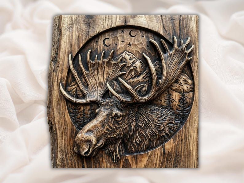 Bas-relief carving of a bull moose head with antlers in a mountain and pine scene under a crescent moon