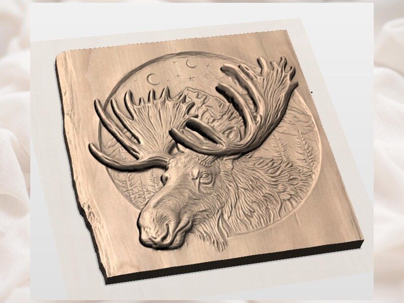 Moose Head Mountain Scene Bas-Relief Carving with Crescent Moon bas-relief STL — view 2