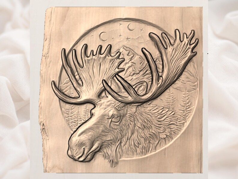 Moose Head Mountain Scene Bas-Relief Carving with Crescent Moon bas-relief STL — view 3