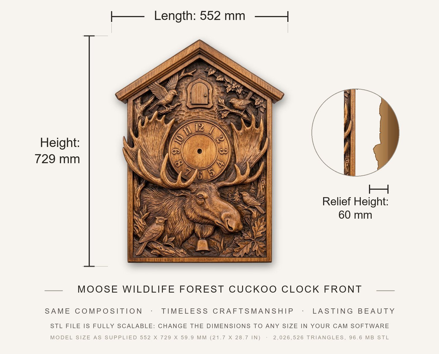 Moose Wildlife Forest Cuckoo Clock Front CNC Relief STL bas-relief STL — view 3
