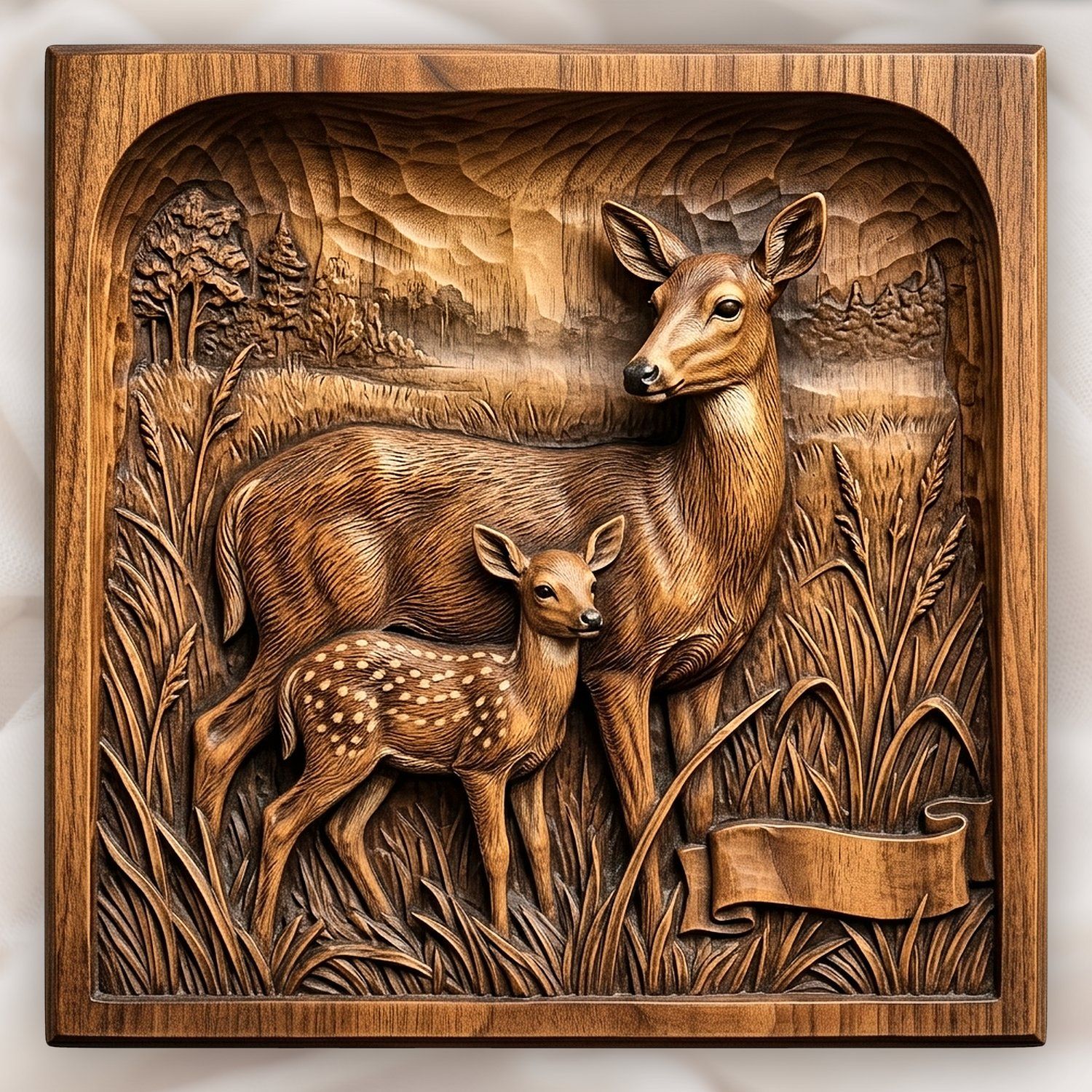 Mother Doe and Fawn Forest Scene CNC Relief STL bas-relief STL design