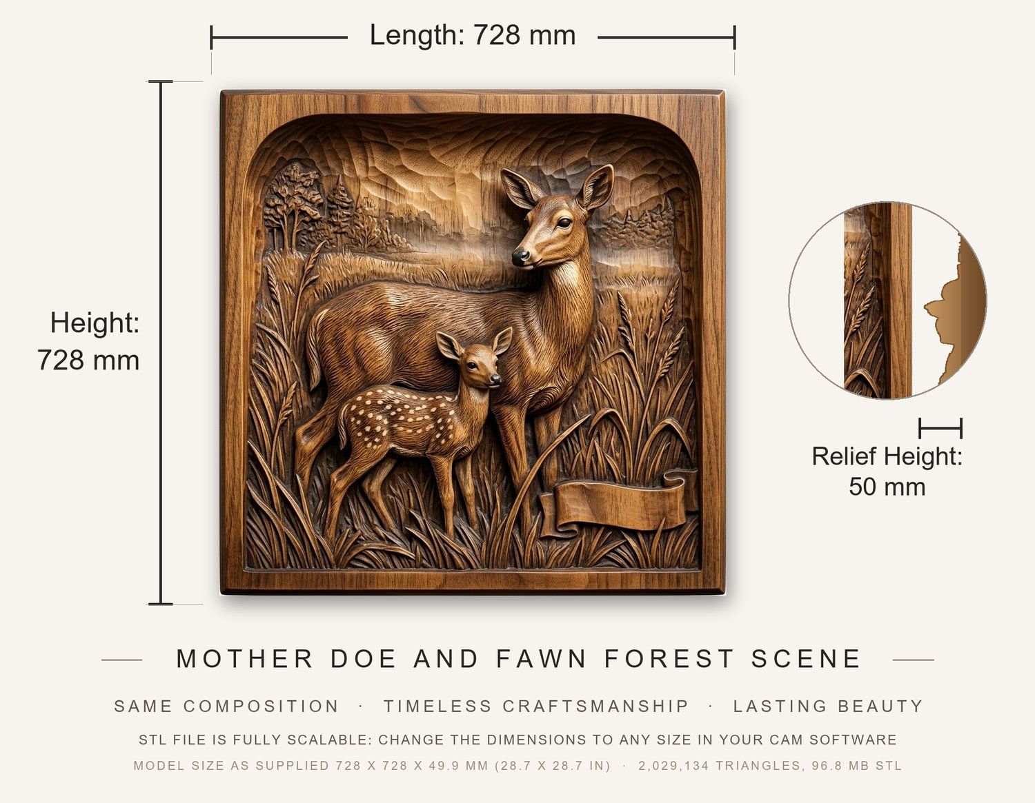 Mother Doe and Fawn Forest Scene CNC Relief STL bas-relief STL — view 3