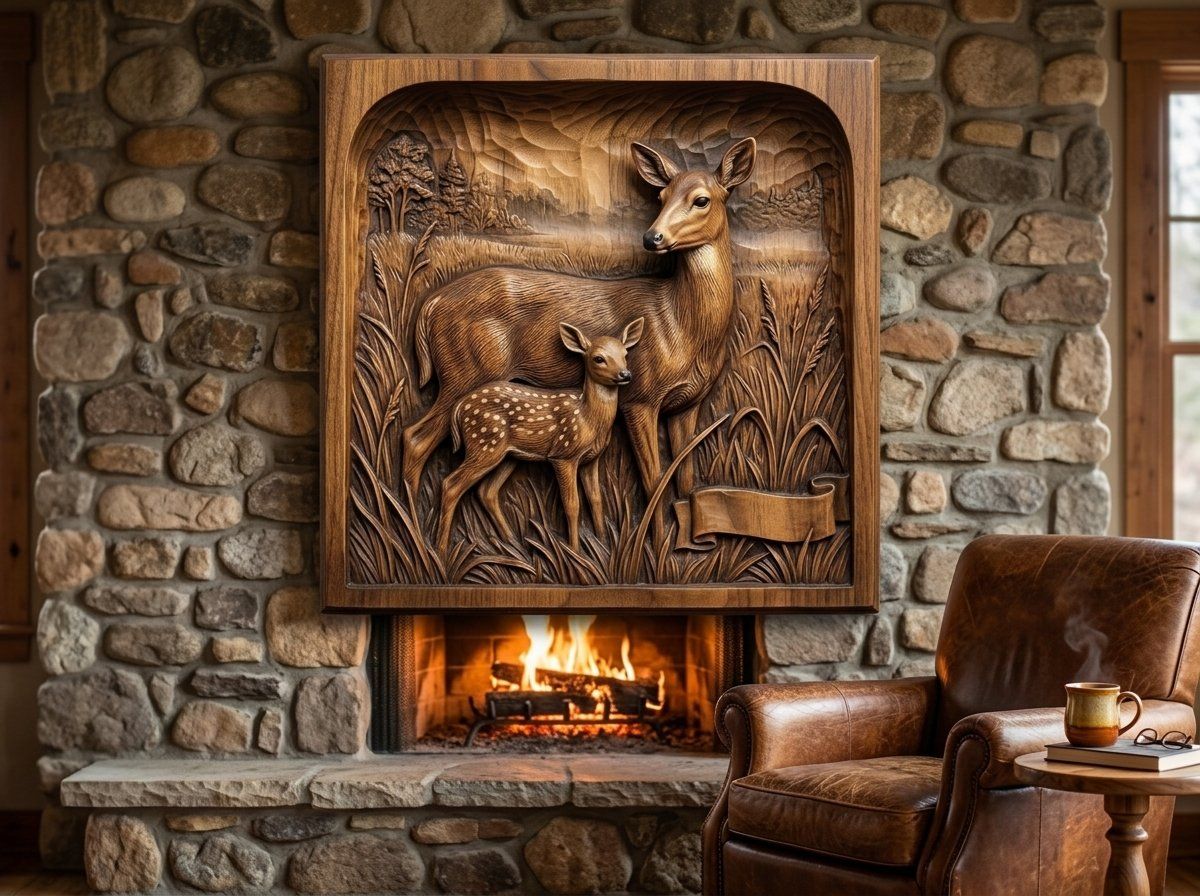 Mother Doe and Fawn Forest Scene CNC Relief STL bas-relief STL — view 13