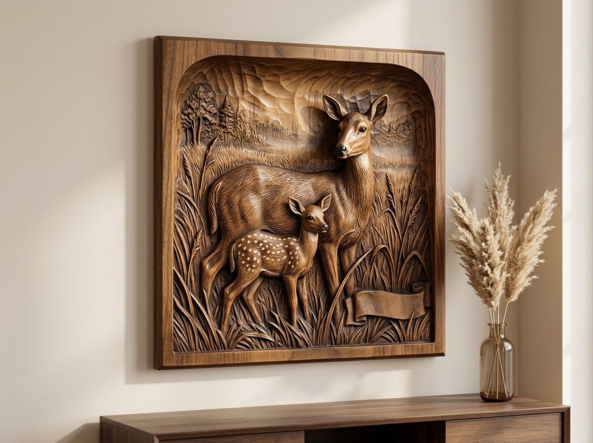Mother Doe and Fawn Forest Scene CNC Relief STL bas-relief STL — view 14