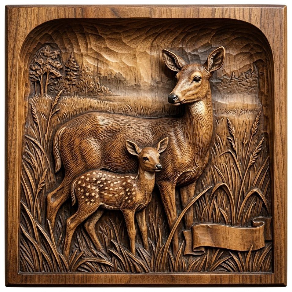Mother Doe and Fawn Forest Scene CNC Relief STL bas-relief STL — view 4
