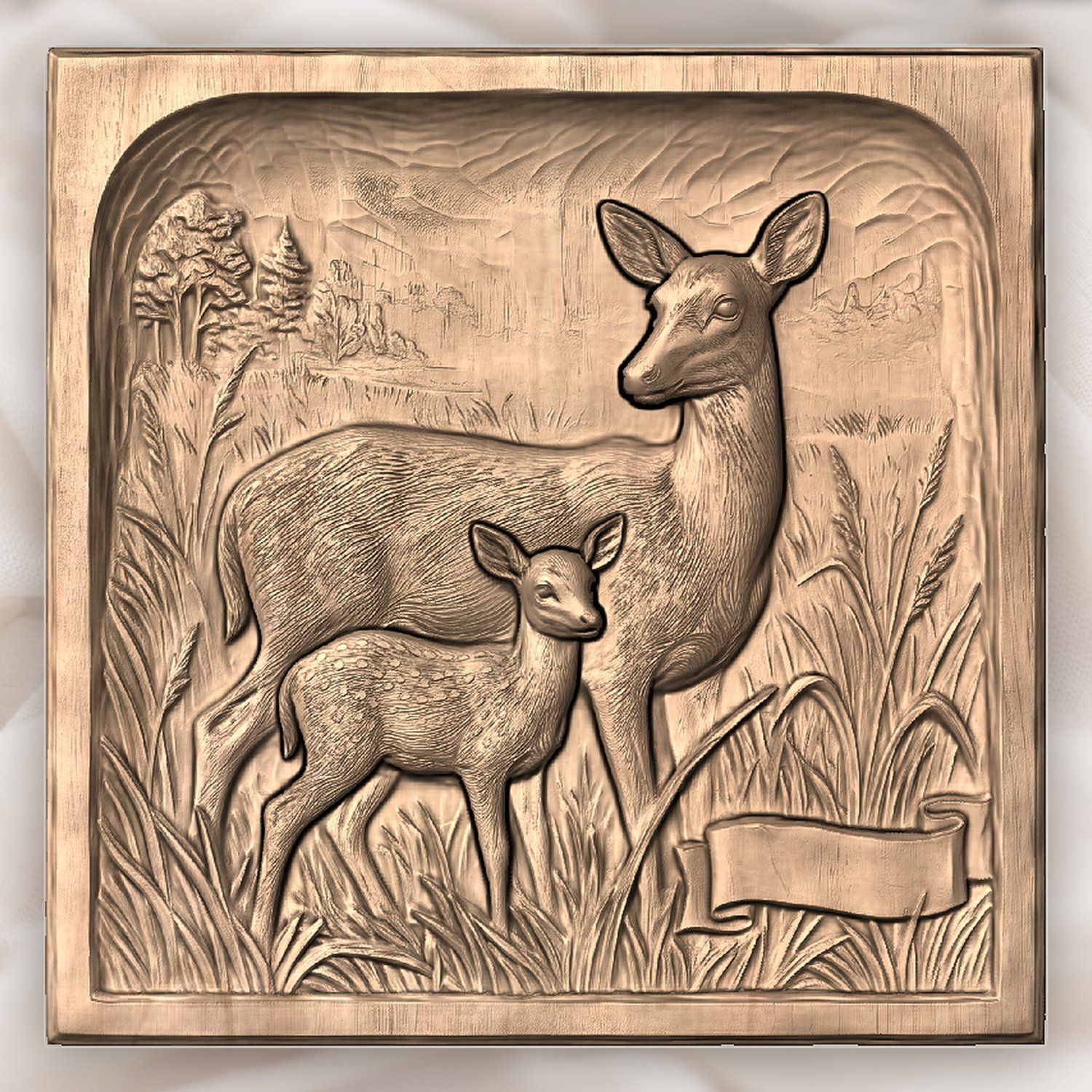 Mother Doe and Fawn Forest Scene CNC Relief STL bas-relief STL — view 5