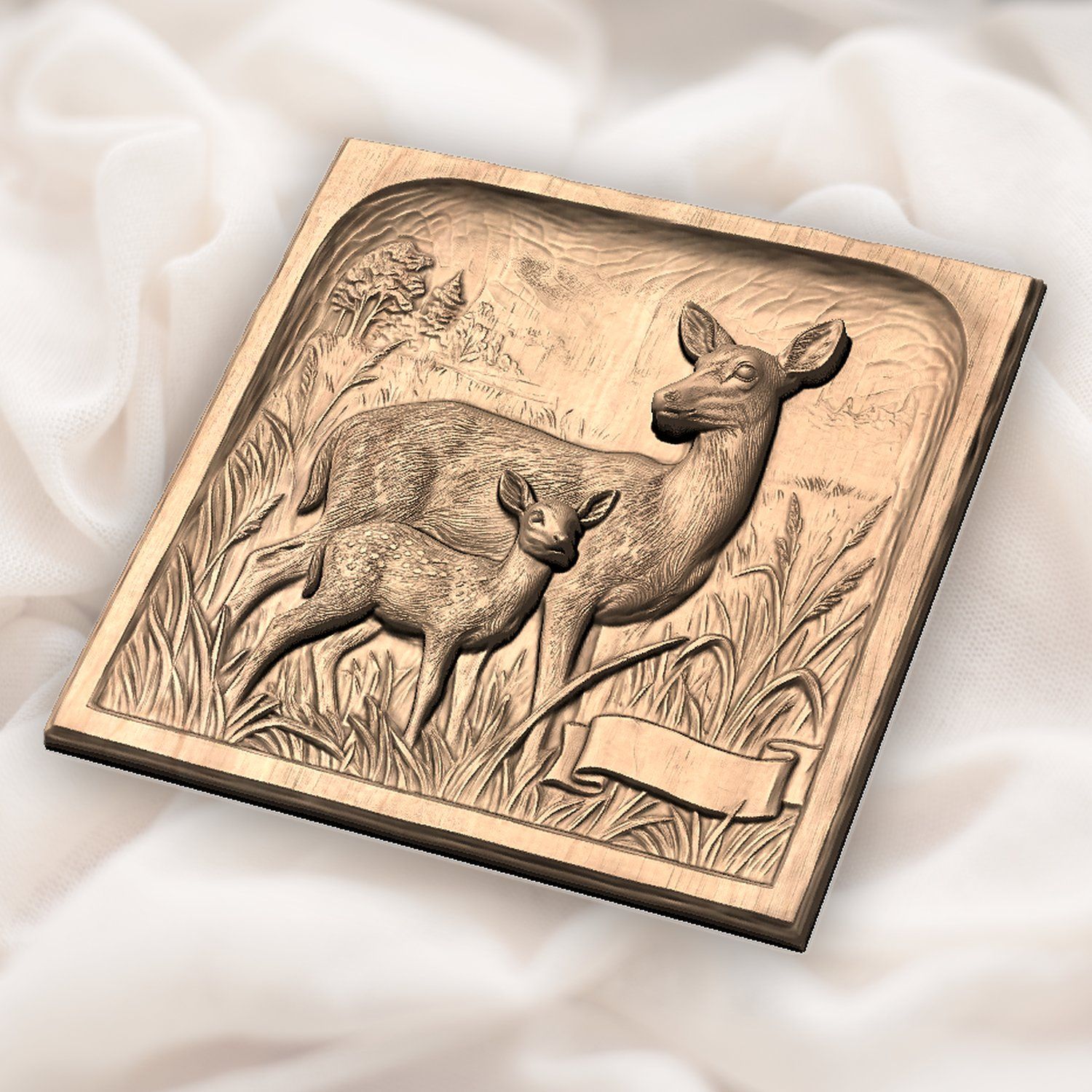 Mother Doe and Fawn Forest Scene CNC Relief STL bas-relief STL — view 6