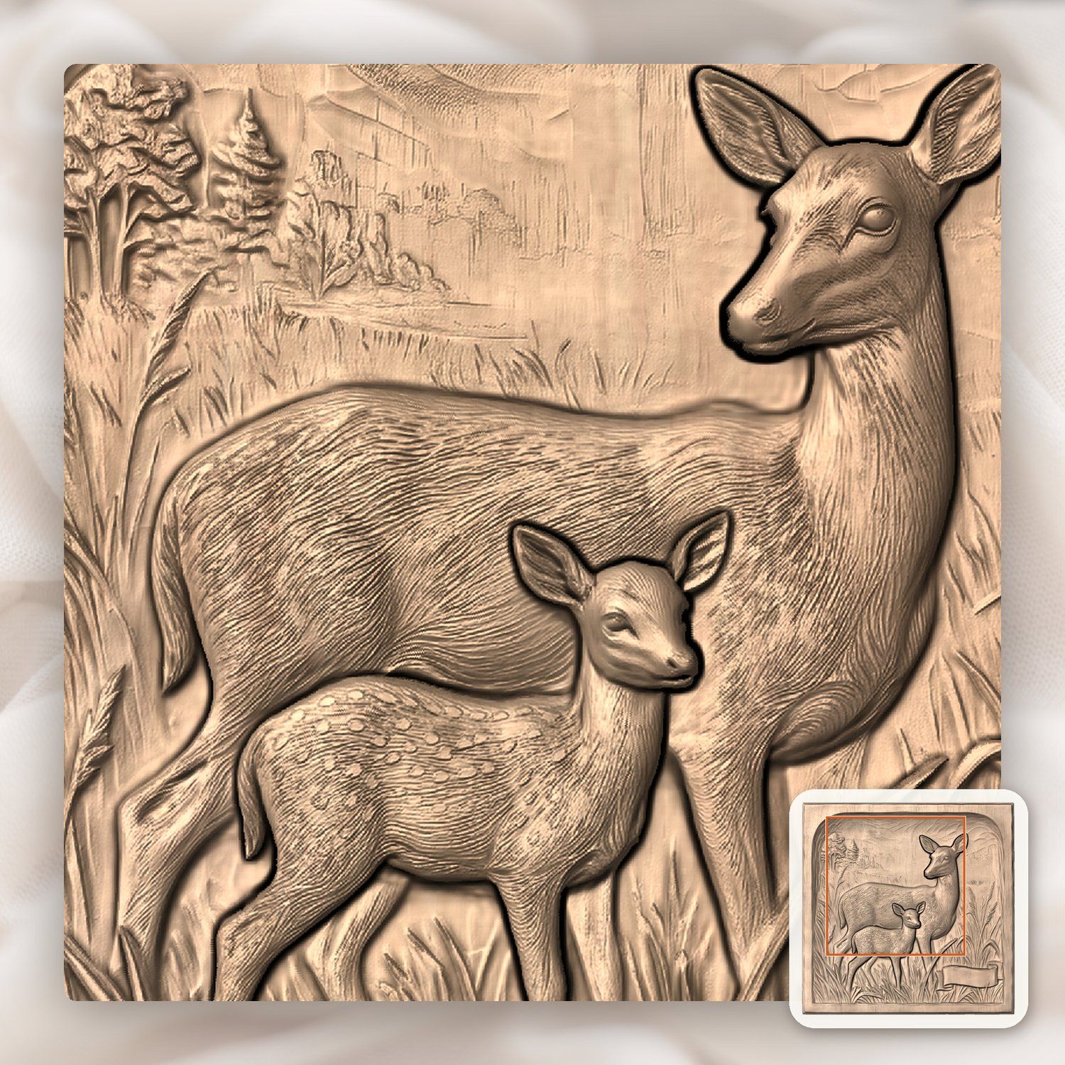 Mother Doe and Fawn Forest Scene CNC Relief STL bas-relief STL — view 9