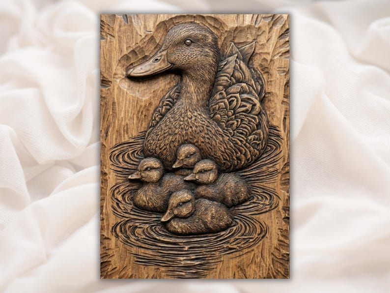 Carved wood bas-relief of a mother duck with four ducklings floating on rippling pond water