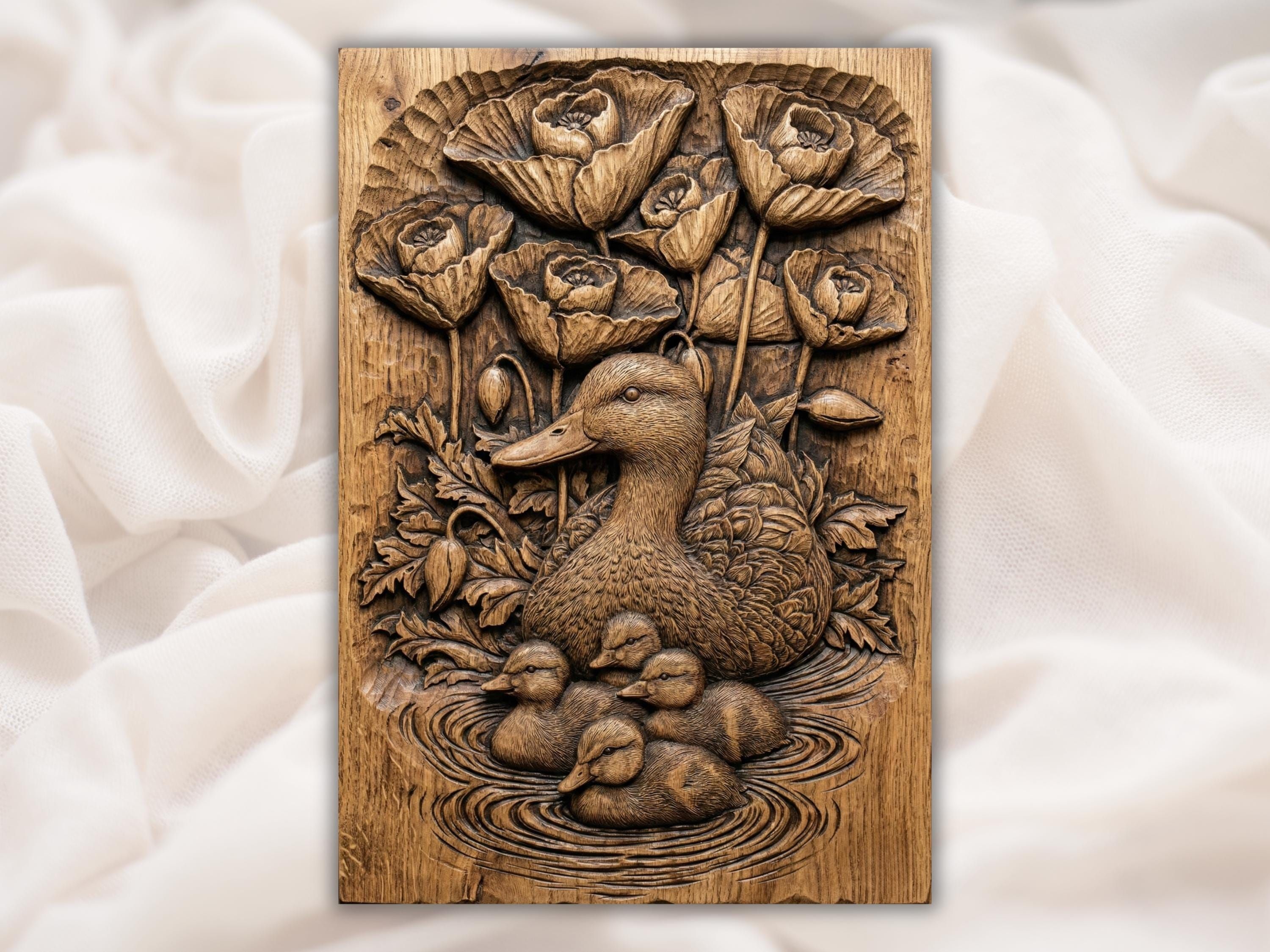 Carved wood relief of a mother duck and four ducklings on rippling water below blooming poppy flowers.