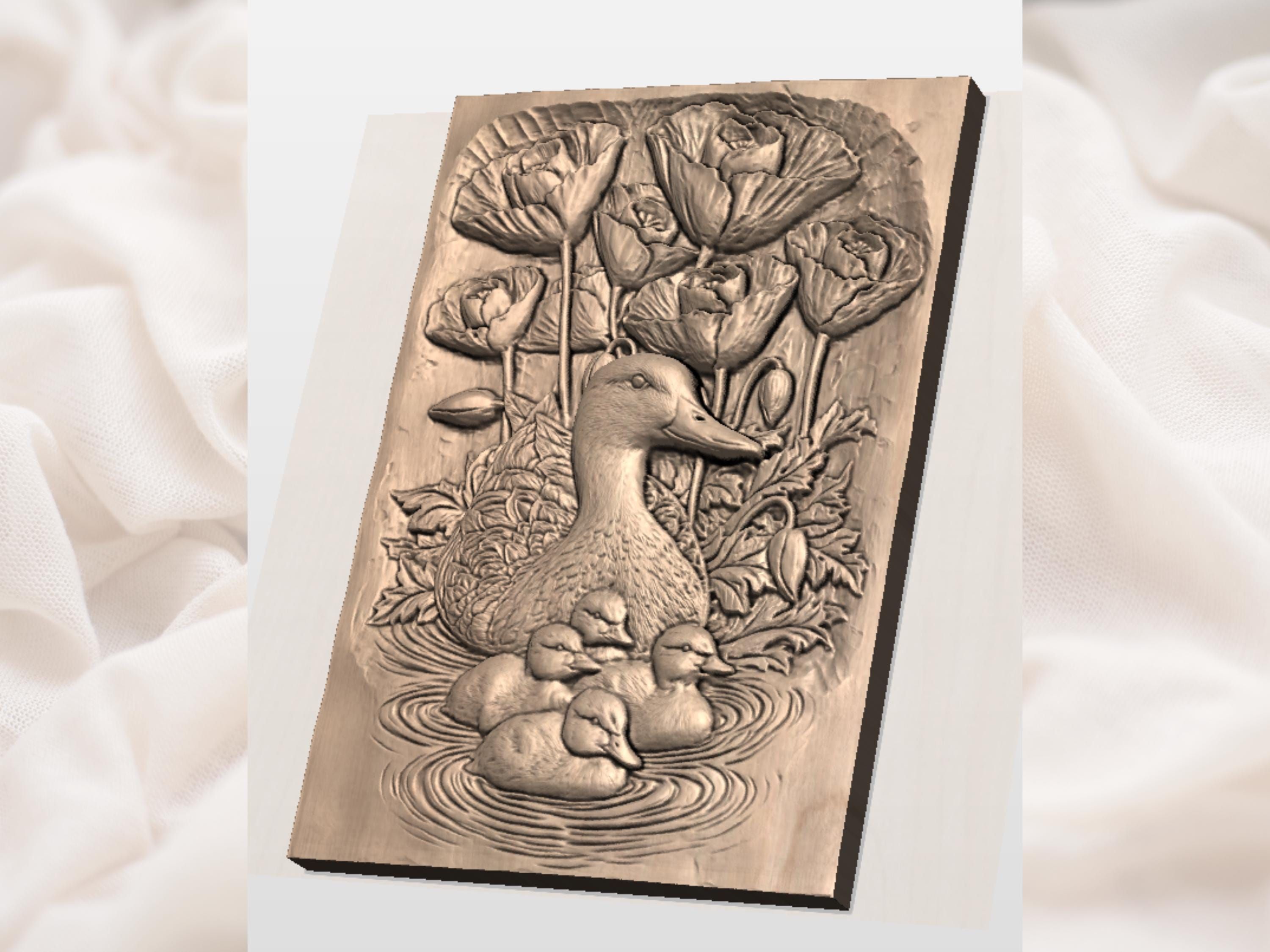 Mother Duck and Ducklings Among Poppies Bas-Relief STL bas-relief STL — view 2
