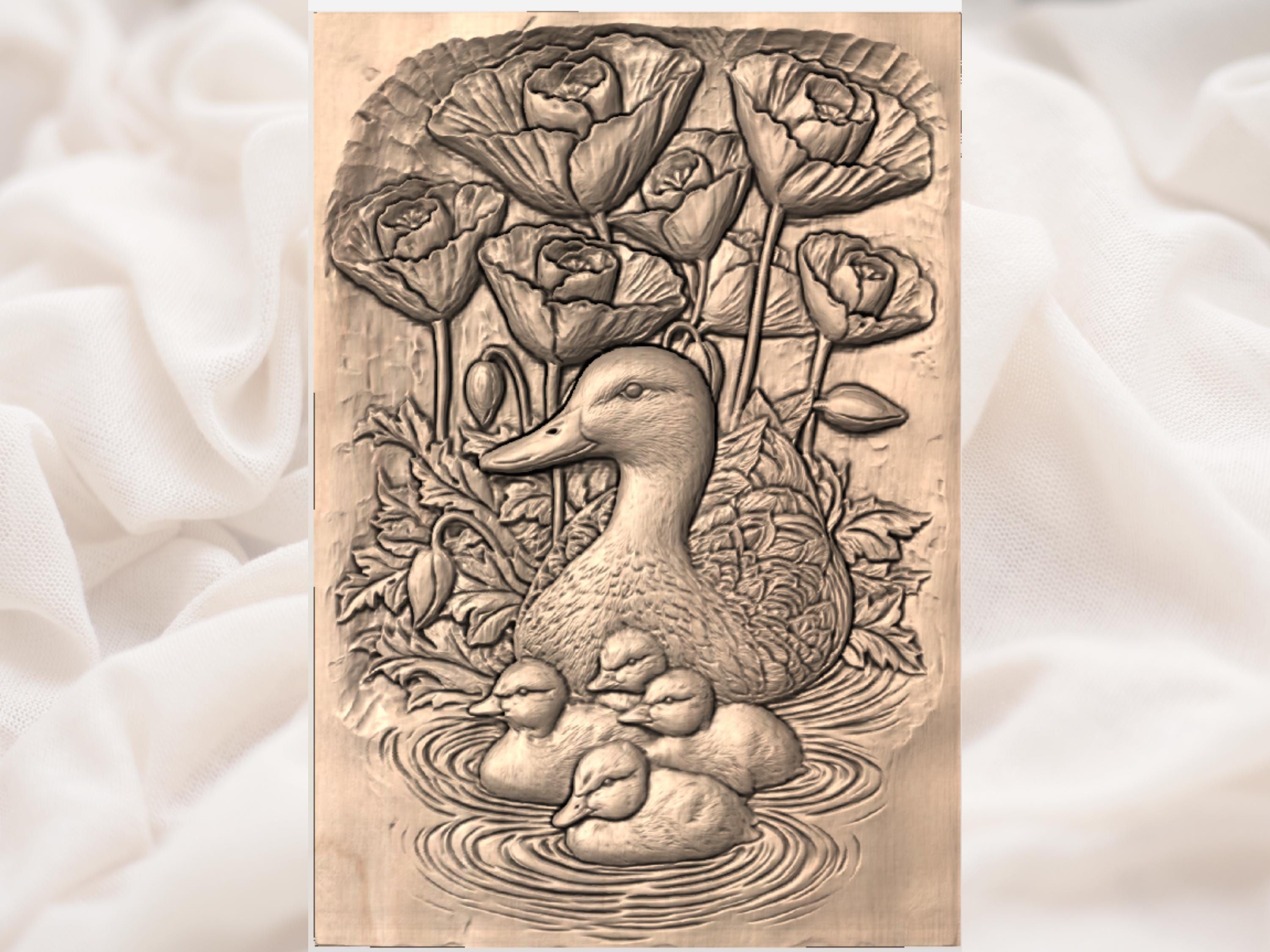 Mother Duck and Ducklings Among Poppies Bas-Relief STL bas-relief STL — view 3