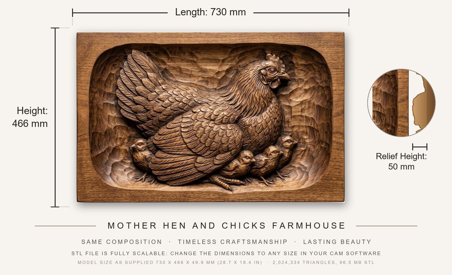 Mother Hen and Chicks Farmhouse CNC Relief STL bas-relief STL — view 3
