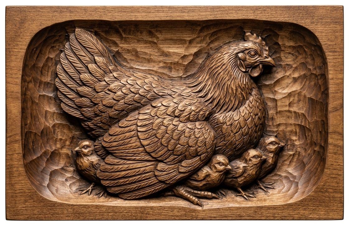 Mother Hen and Chicks Farmhouse CNC Relief STL bas-relief STL — view 4