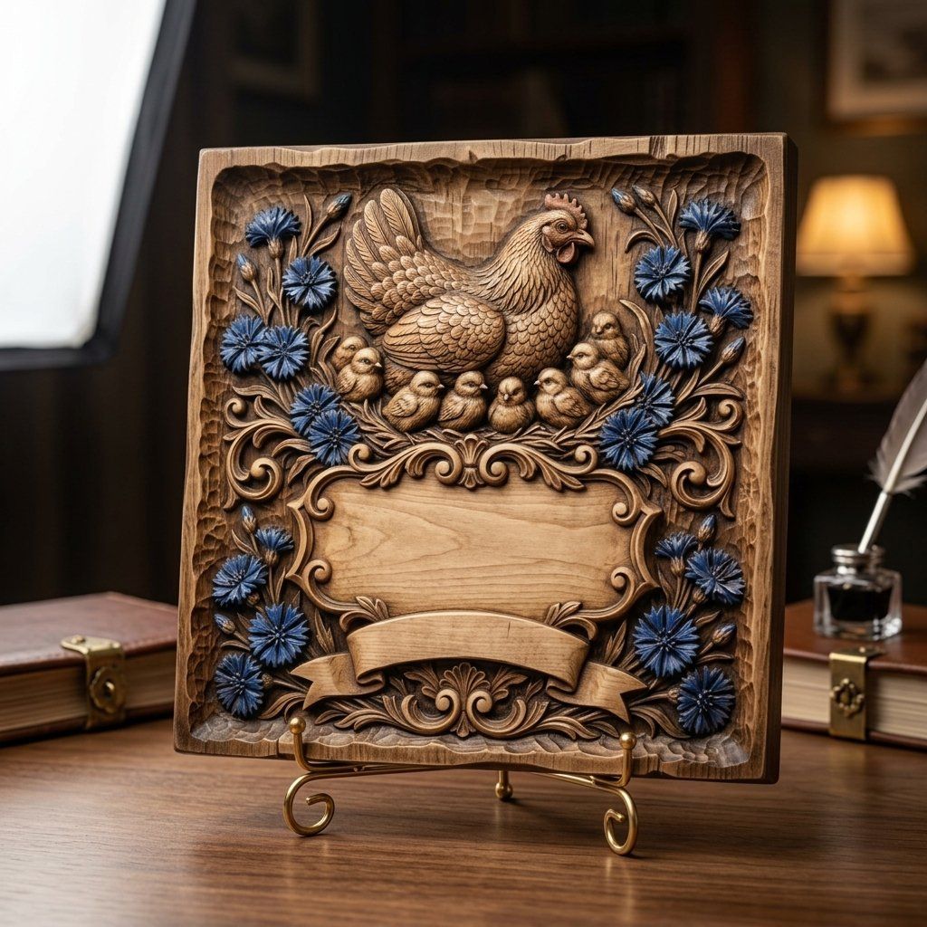 Mother Hen and Chicks Farmhouse Sign CNC Relief STL bas-relief STL — view 3