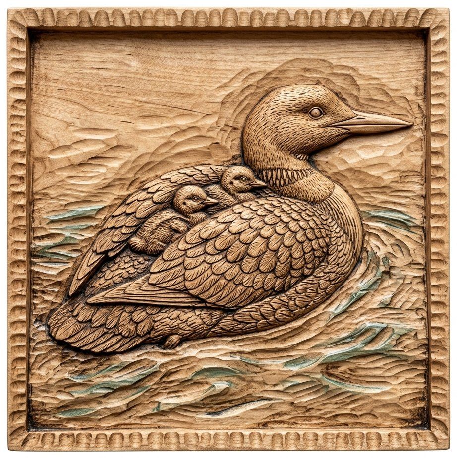 Mother Loon and Chicks Wildlife Wall Art | Lake House Decor Wood Carving | Rustic Animal Relief Panel | Nature Inspired Woodwork — carved bas relief STL file for CNC
