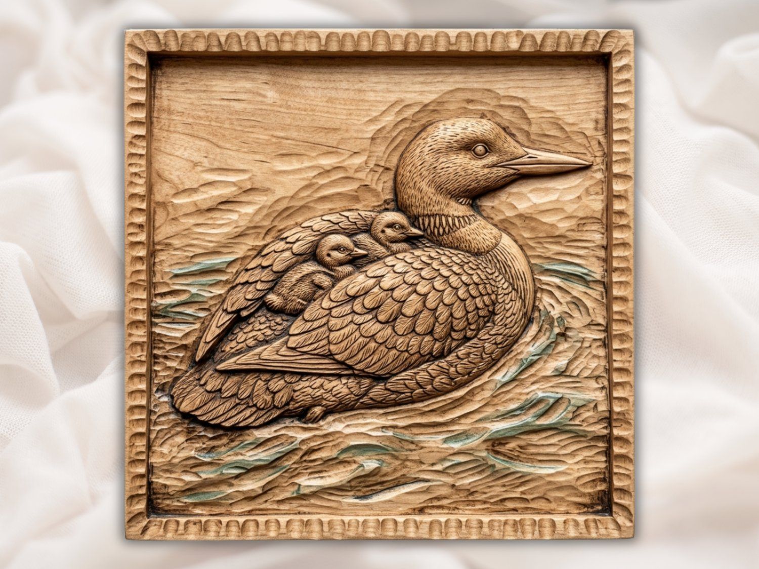 Mother Loon and Chicks Wildlife Wall Art bas-relief STL — view 2