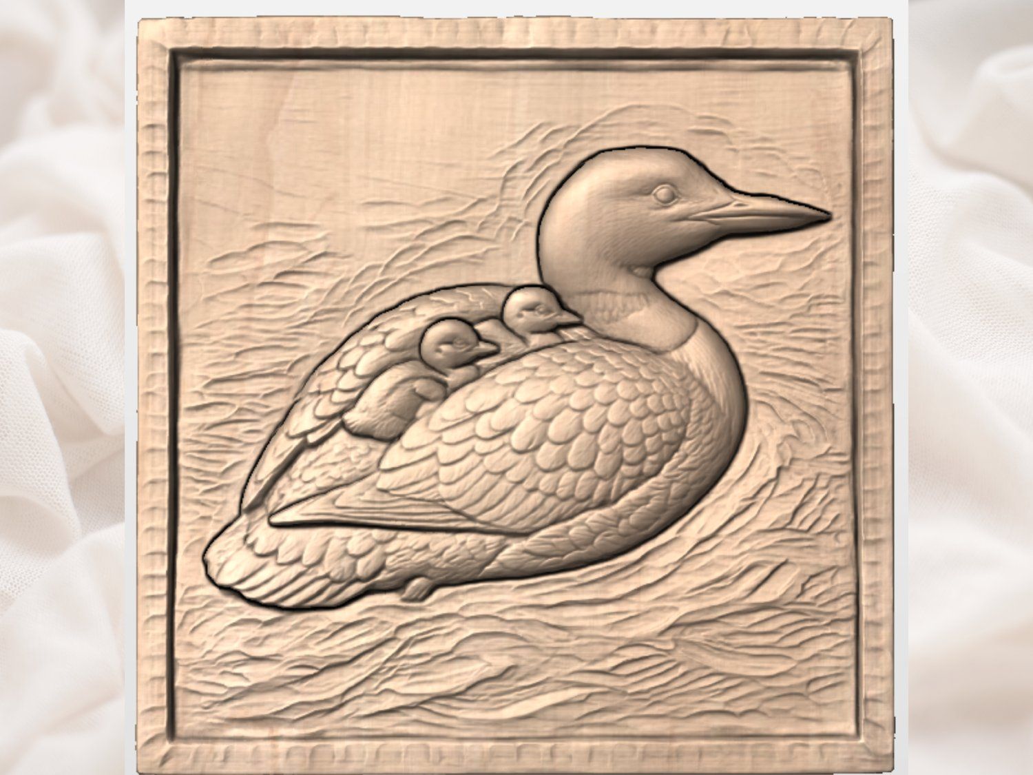 Mother Loon and Chicks Wildlife Wall Art bas-relief STL — view 3