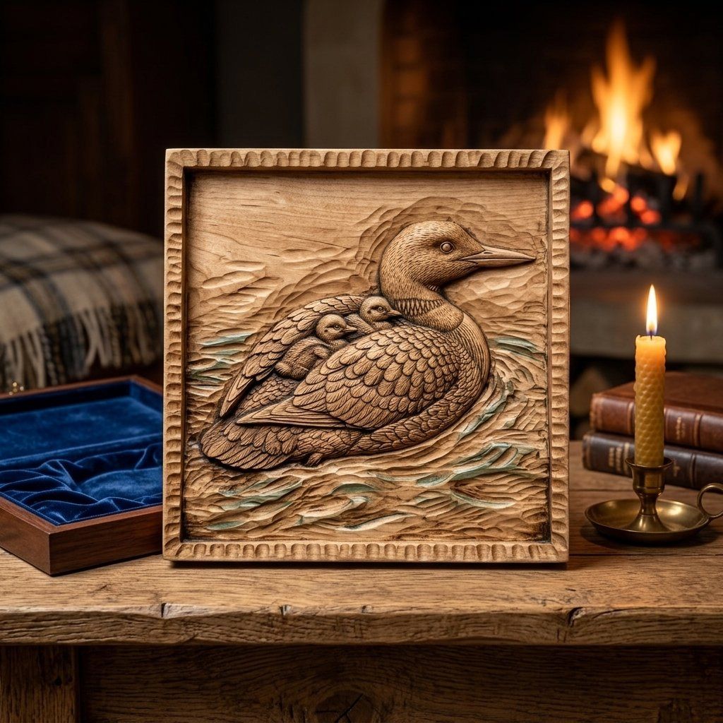 Mother Loon and Chicks Wildlife Wall Art bas-relief STL — view 5