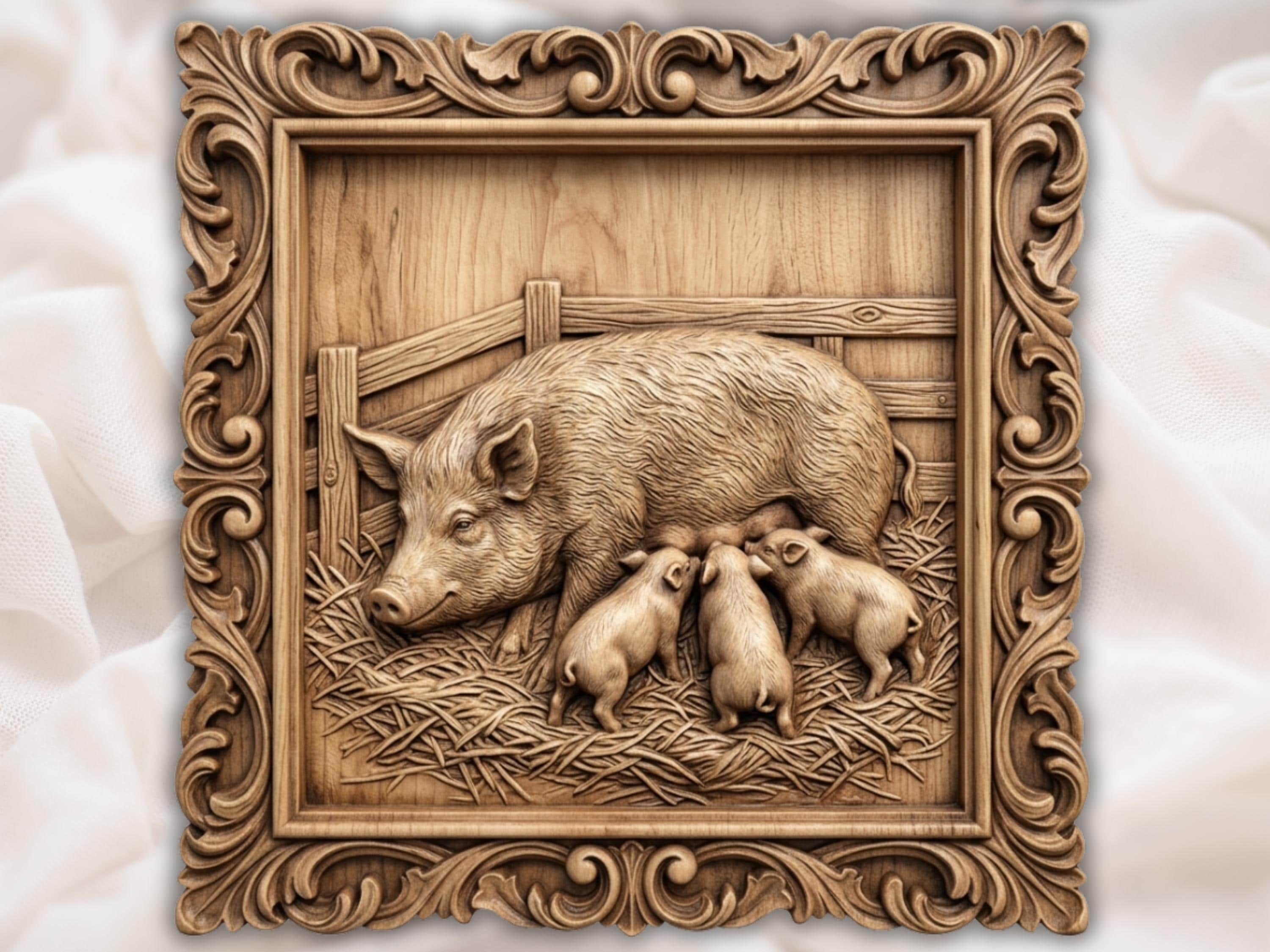 Mother Pig and Piglets Farmhouse STL files bas-relief STL file for CNC router, laser engraver & 3D printing