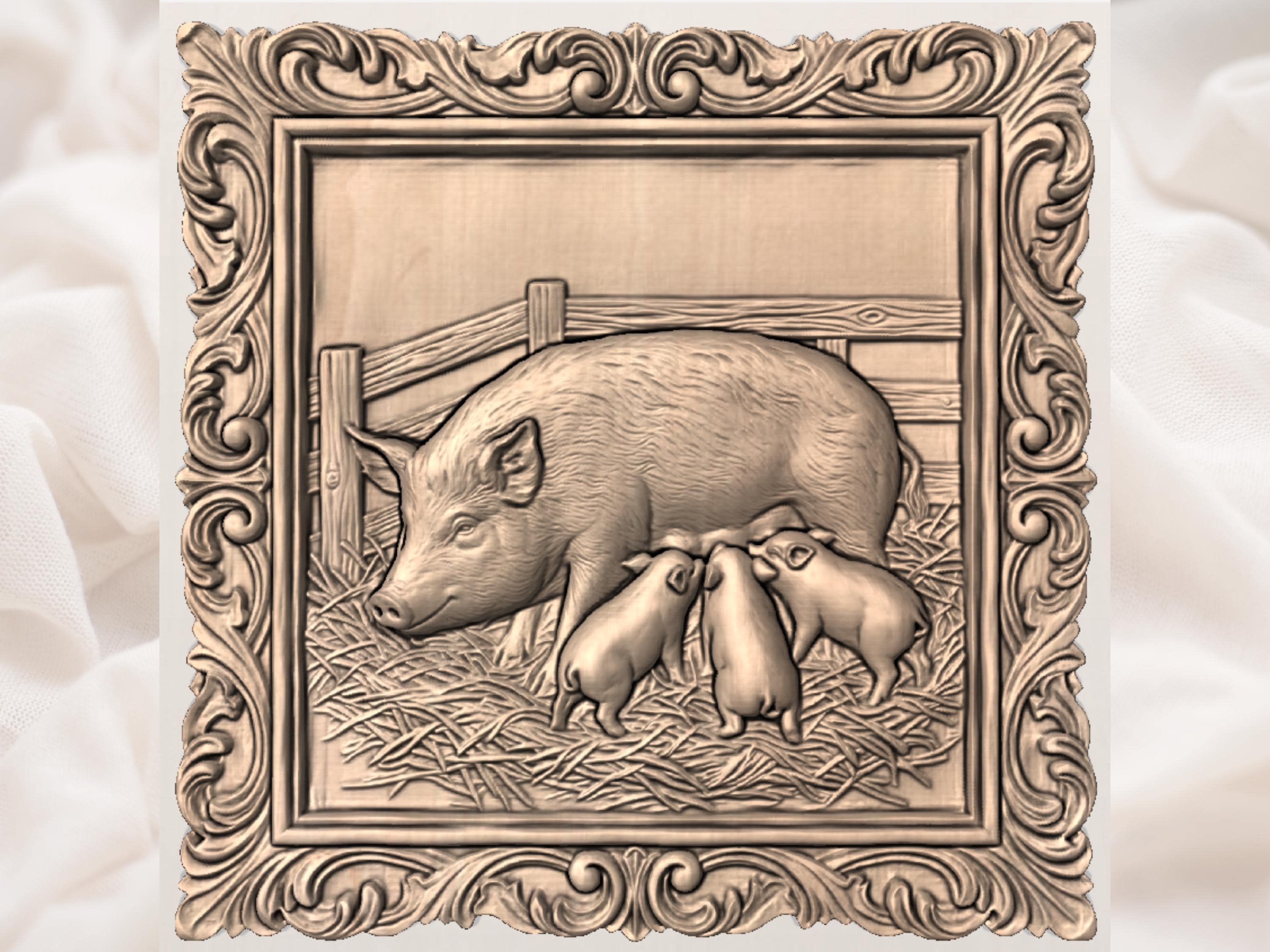 Mother Pig and Piglets Farmhouse STL files bas-relief STL — view 2