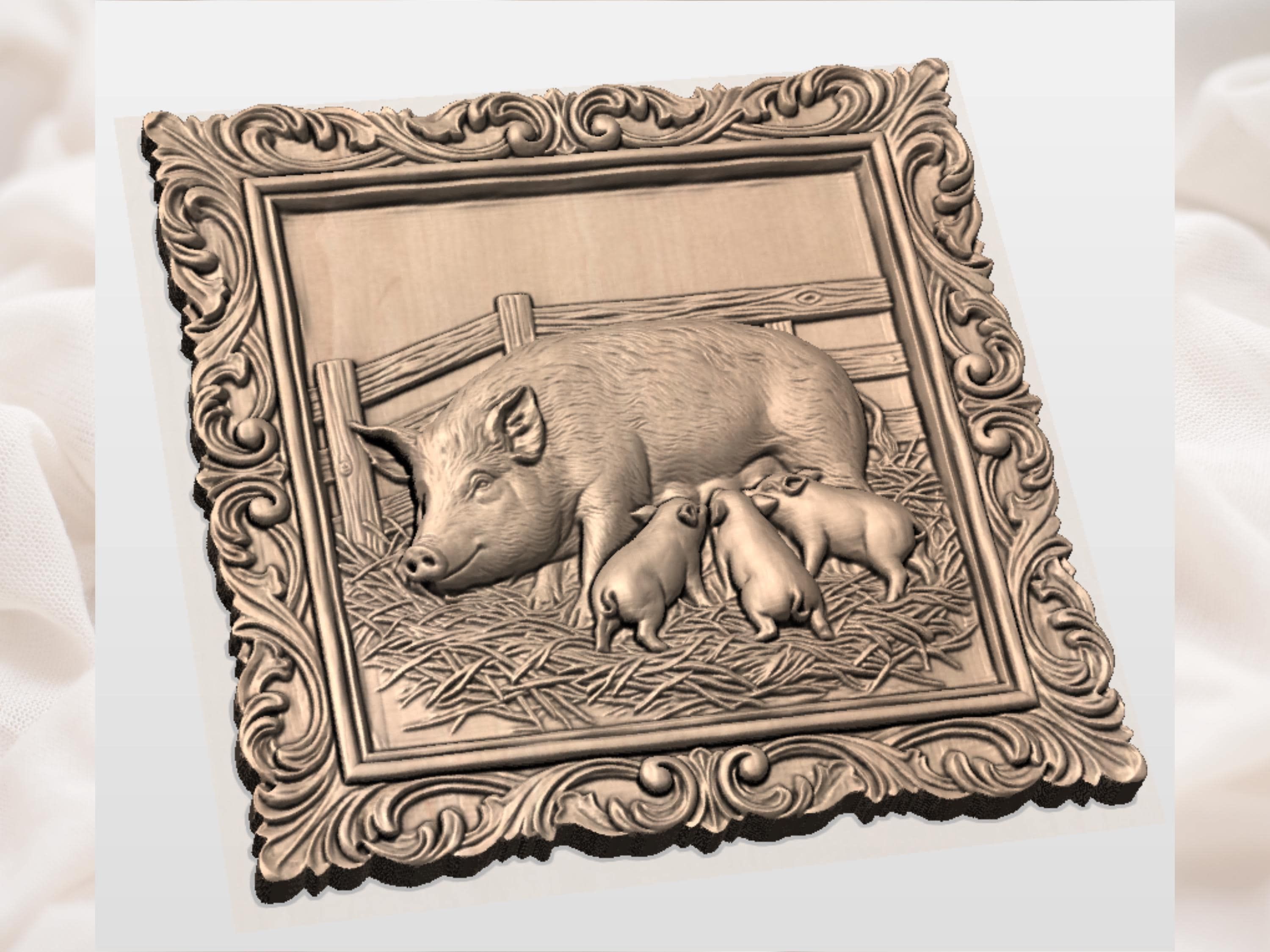 Mother Pig and Piglets Farmhouse STL files bas-relief STL — view 3