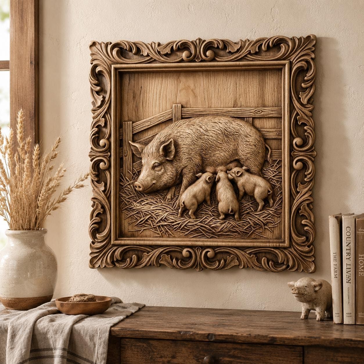 Mother Pig and Piglets Farmhouse STL files bas-relief STL — view 4