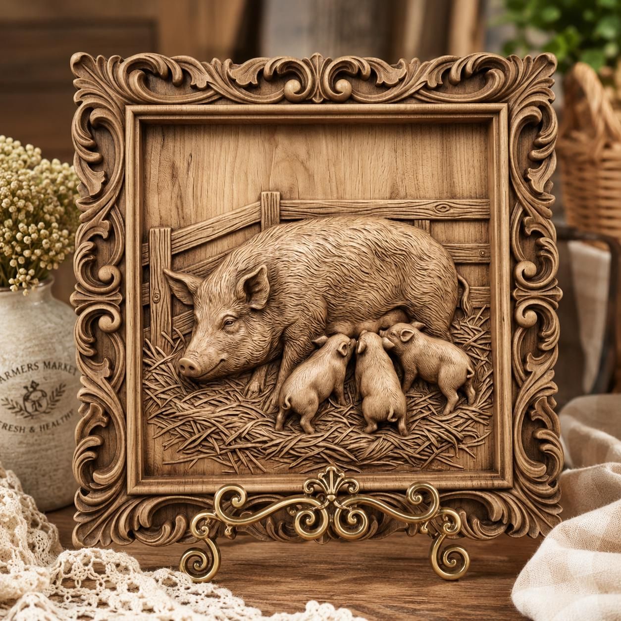Mother Pig and Piglets Farmhouse STL files bas-relief STL — view 5