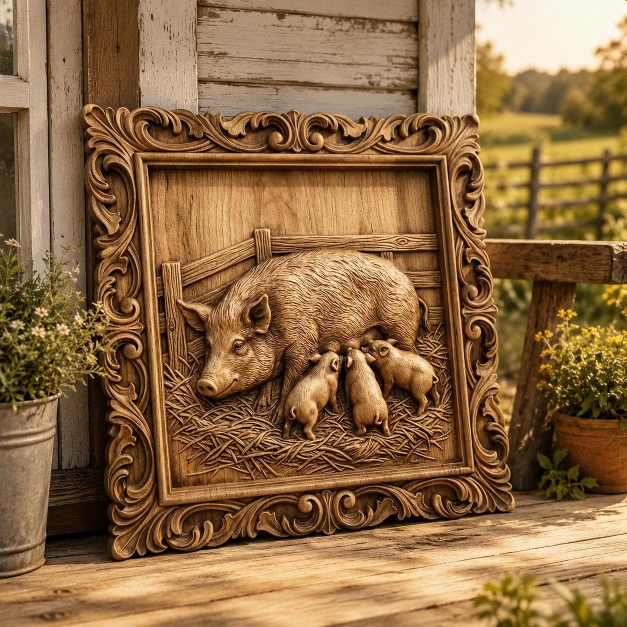 Mother Pig and Piglets Farmhouse STL files bas-relief STL — view 6