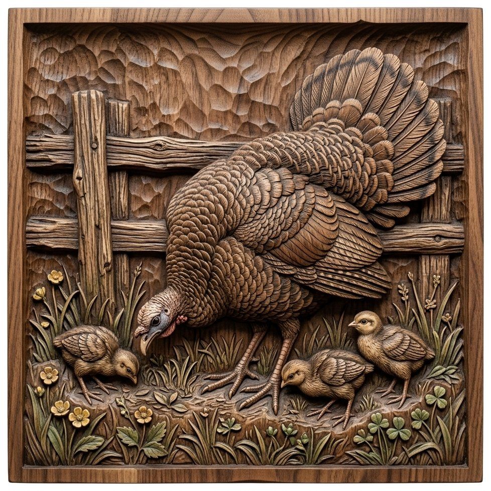Mother Turkey and Chicks Farm Life CNC Relief STL | Rustic Poultry Wall Art | Country Living Decor Panel — carved bas relief STL file for CNC