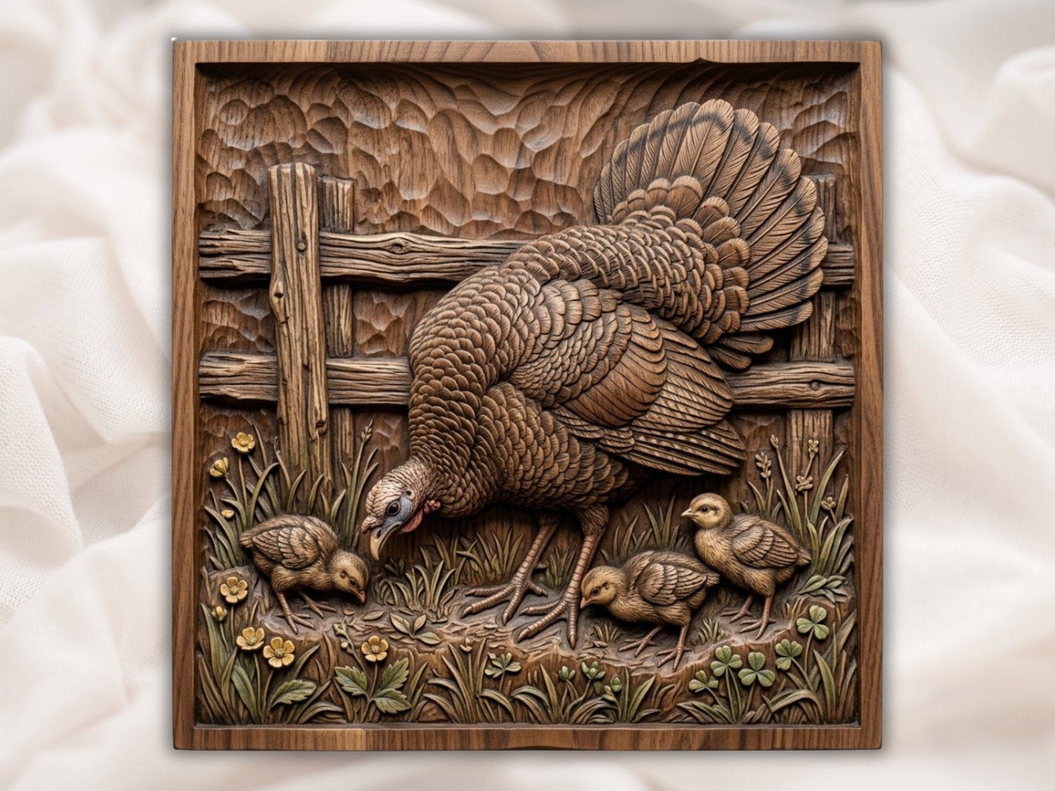 Mother Turkey and Chicks Farm Life CNC Relief STL bas-relief STL — view 2