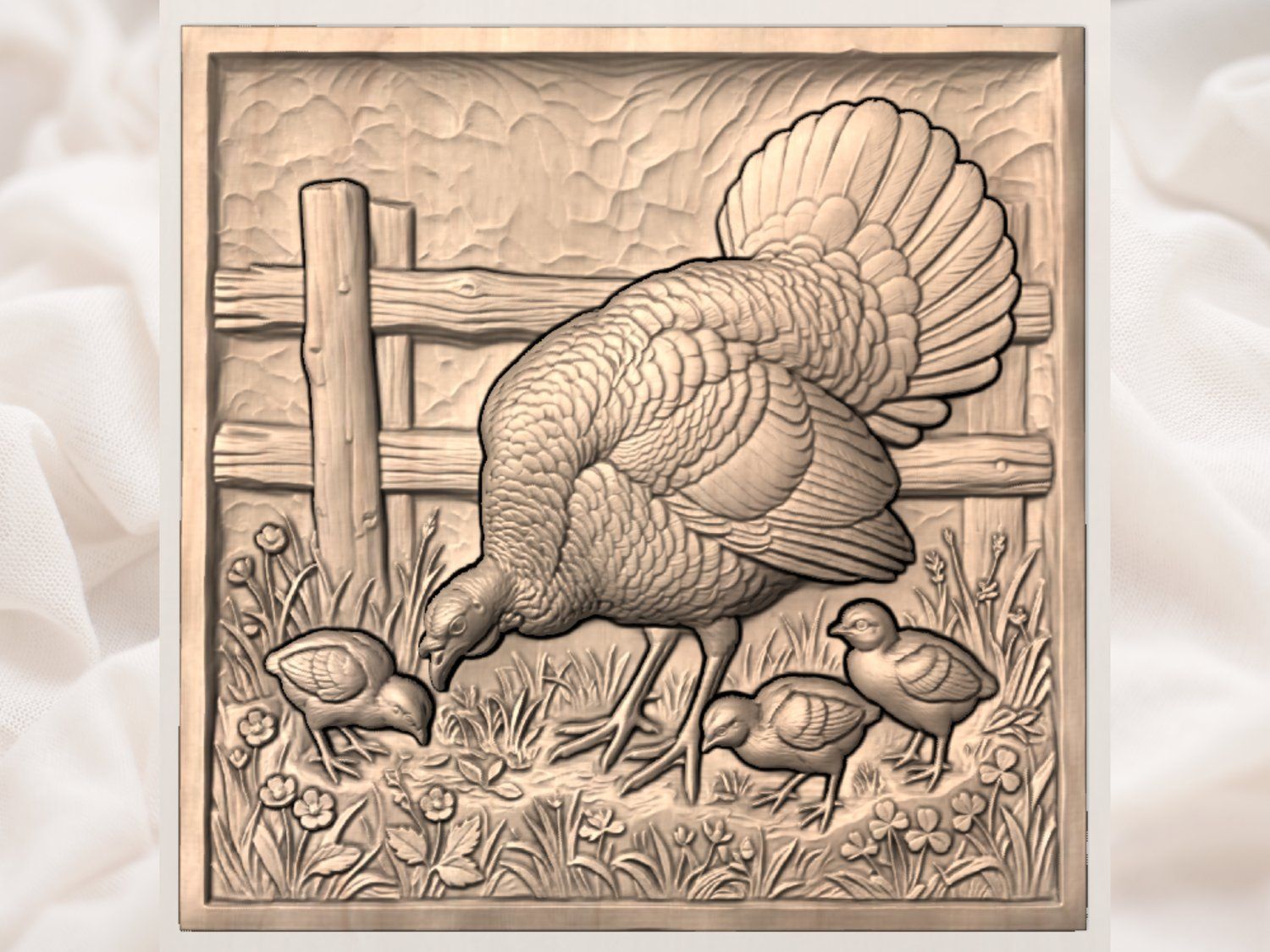 Mother Turkey and Chicks Farm Life CNC Relief STL bas-relief STL — view 3