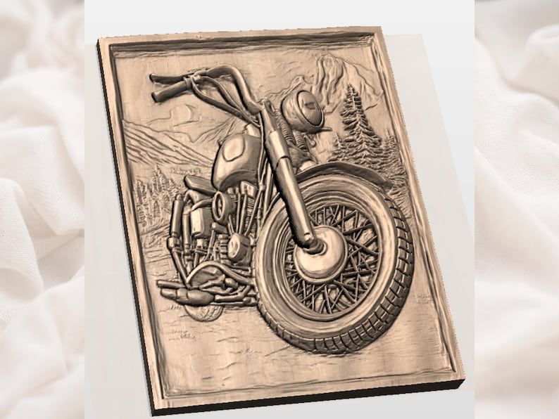 Vintage Motorcycle Bas-Relief STL with Mountain and Forest Backdrop bas-relief STL — view 2