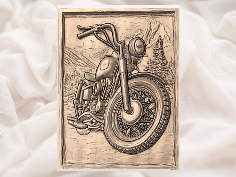 Vintage Motorcycle Bas-Relief STL with Mountain and Forest Backdrop bas-relief STL — view 3