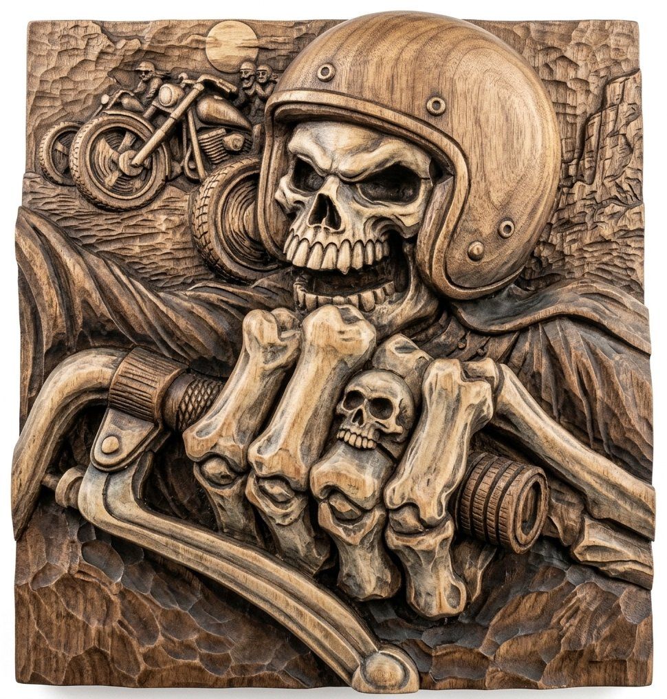Motorcycle STL CNC Woodcarving | Skeletal Rider Relief Design | Biker Wall Art | CNC Relief STL | Man Cave Decor | Aspire VCarve Router File — carved bas relief STL file for CNC