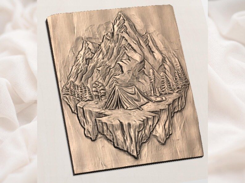 Mountain Camping Tent Bas-Relief STL on Floating Cliff Scene bas-relief STL — view 2