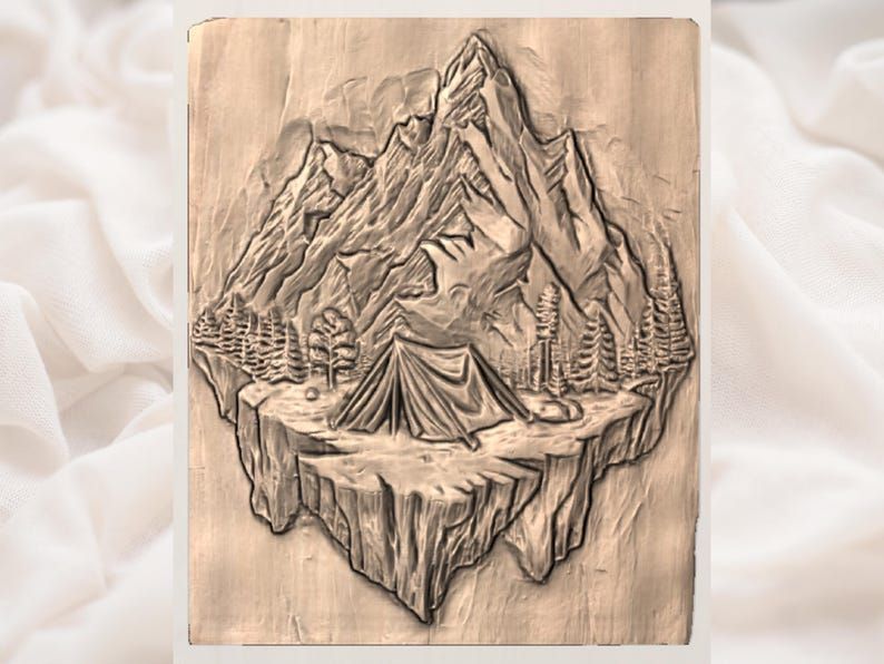 Mountain Camping Tent Bas-Relief STL on Floating Cliff Scene bas-relief STL — view 3