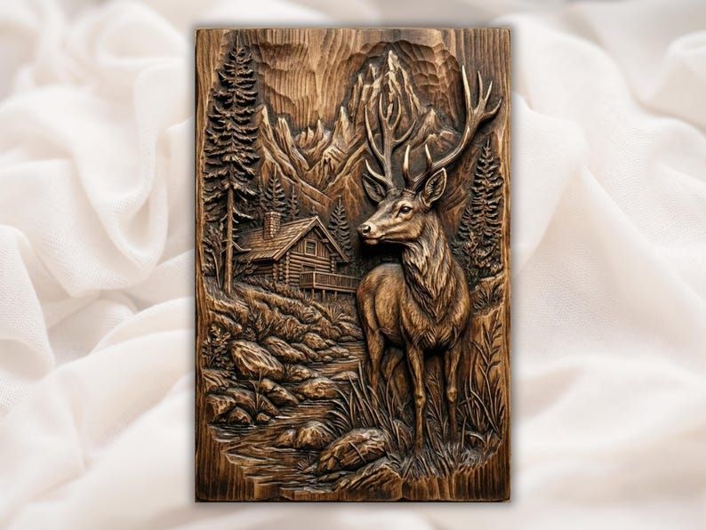 Bas-relief wood carving of a standing buck deer with a log cabin, pine trees, river, and mountains.