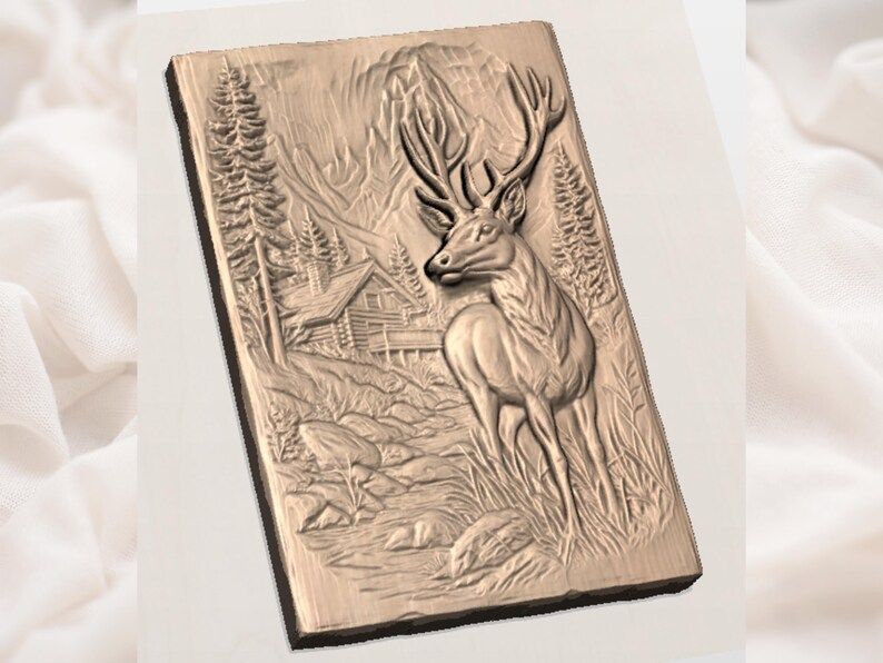 Standing Buck and Log Cabin Mountain Scene Relief STL bas-relief STL — view 2