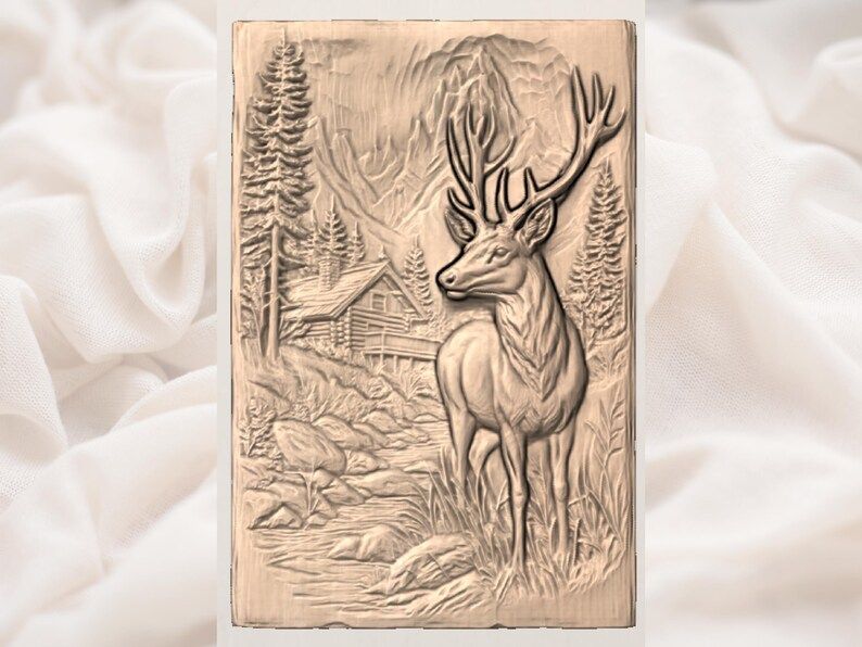Standing Buck and Log Cabin Mountain Scene Relief STL bas-relief STL — view 3