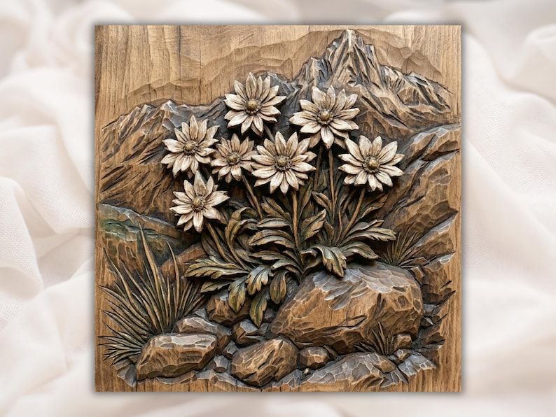 Bas-relief carving of alpine edelweiss and daisies with rocks below a mountain peak, in wood grain texture