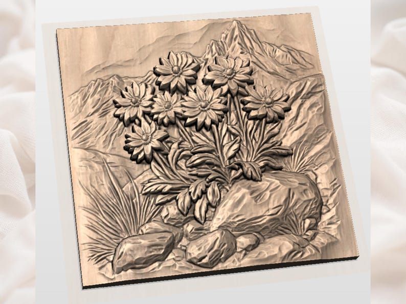 Alpine Edelweiss & Mountain Peak Bas-Relief STL Carving bas-relief STL — view 2