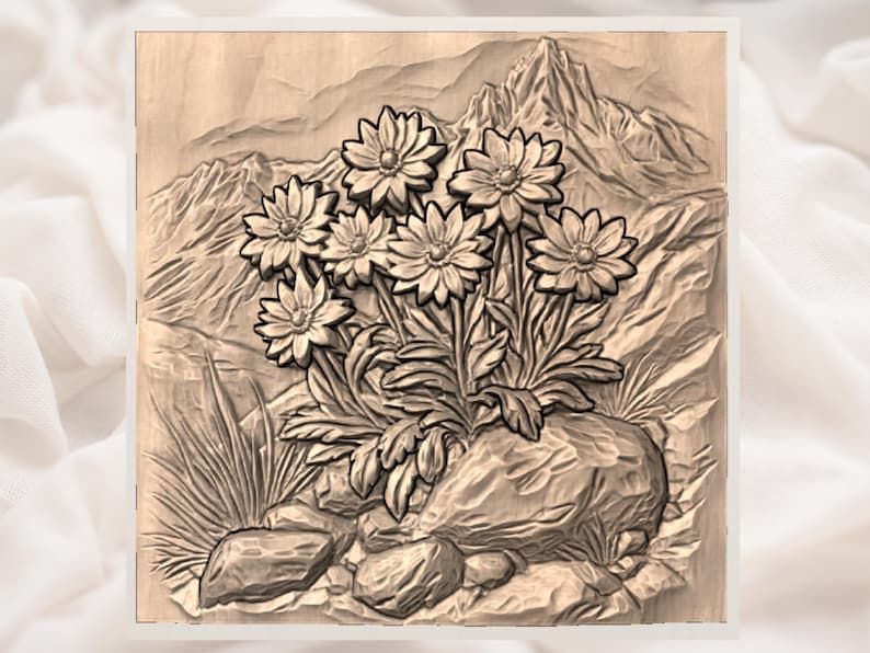 Alpine Edelweiss & Mountain Peak Bas-Relief STL Carving bas-relief STL — view 3