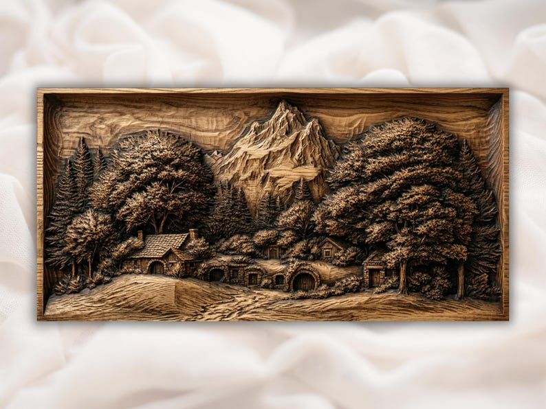 Carved wood relief of a mountain village with stone cottages, tall pine trees, and a rocky peak.