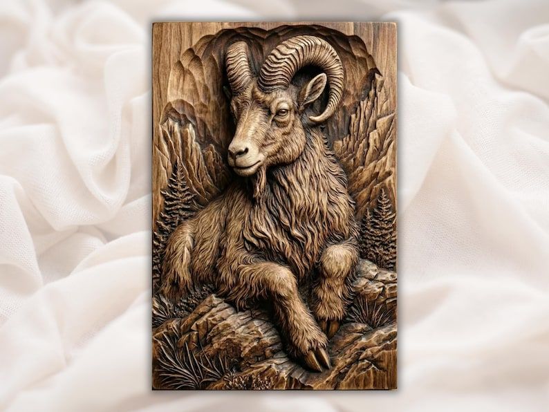 Carved wood bas-relief of a bighorn ram with curled horns resting on rocky cliffs with pine trees and mountains